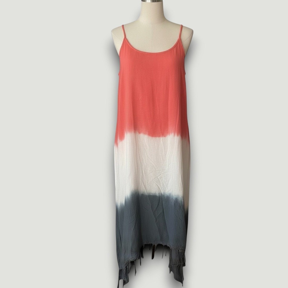 Shana Ombre Tie Dye Maxi Dress Coral White Charcoal Fringe Straps‎ One-Size NWT